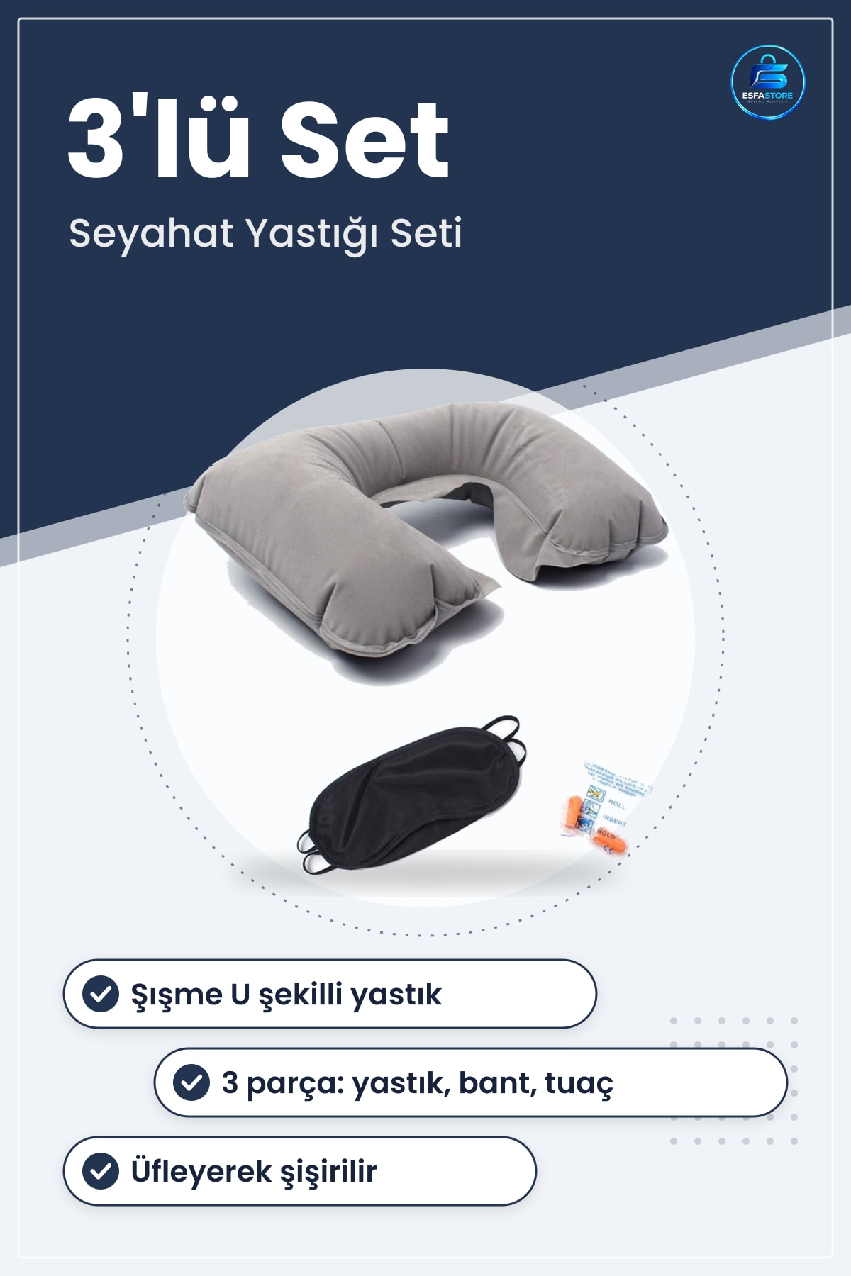 Şişme Seyahat Boyun Yastığı Göz Bandı Kulak Tıkacı Seti Uçak Otobüs Yolculuğu İçin Taşınabilir
