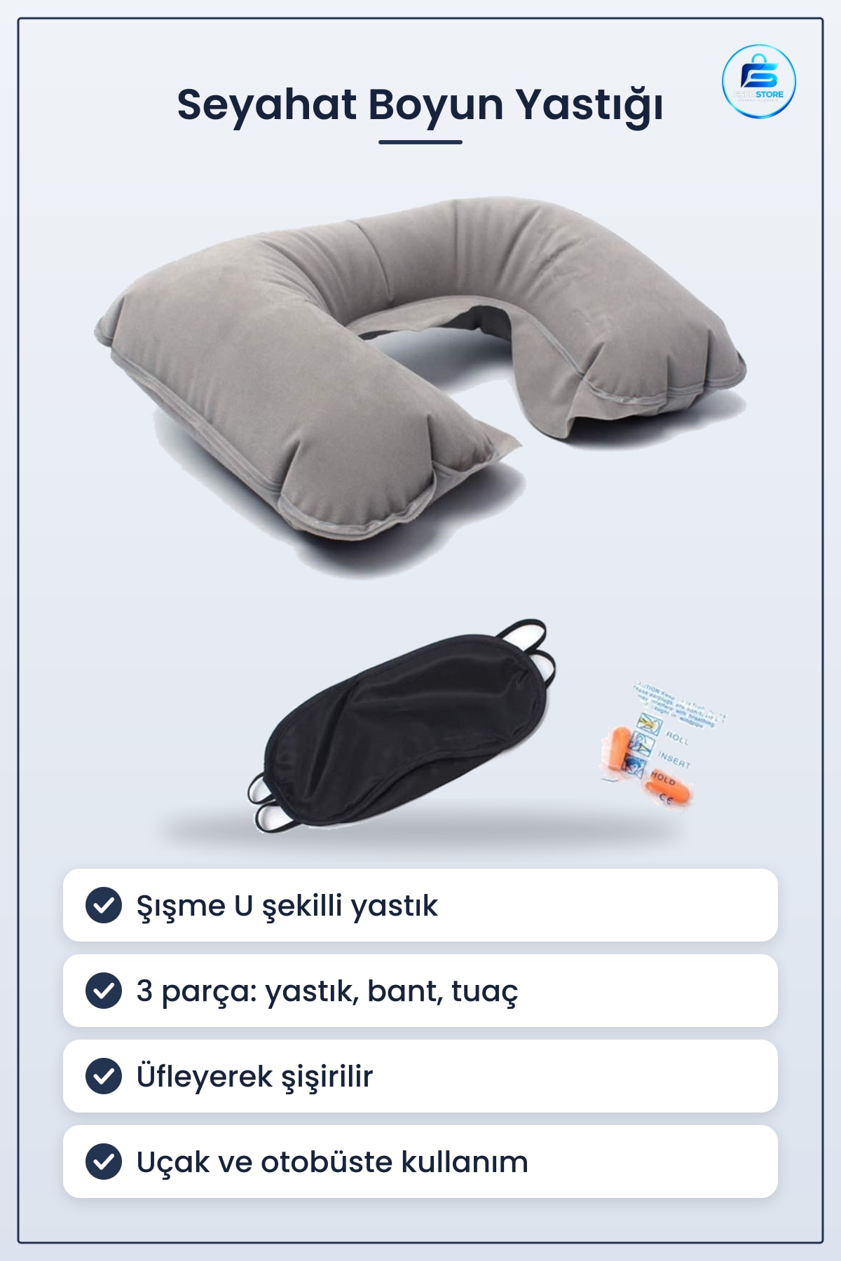 Şişme Seyahat Boyun Yastığı Göz Bandı Kulak Tıkacı Seti Uçak Otobüs Yolculuğu İçin Taşınabilir