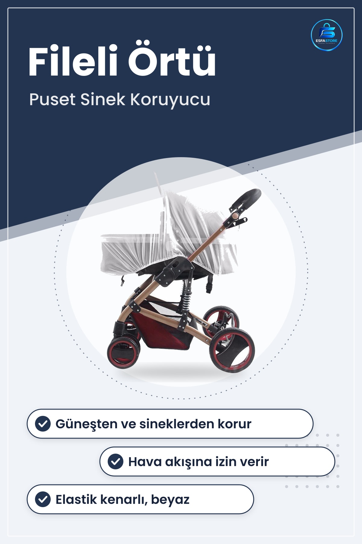 Bebek Arabası Puset Sinek Koruyucu Sineklik Örtü 120x120x1 cm Beyaz Elastik Kenarlı File