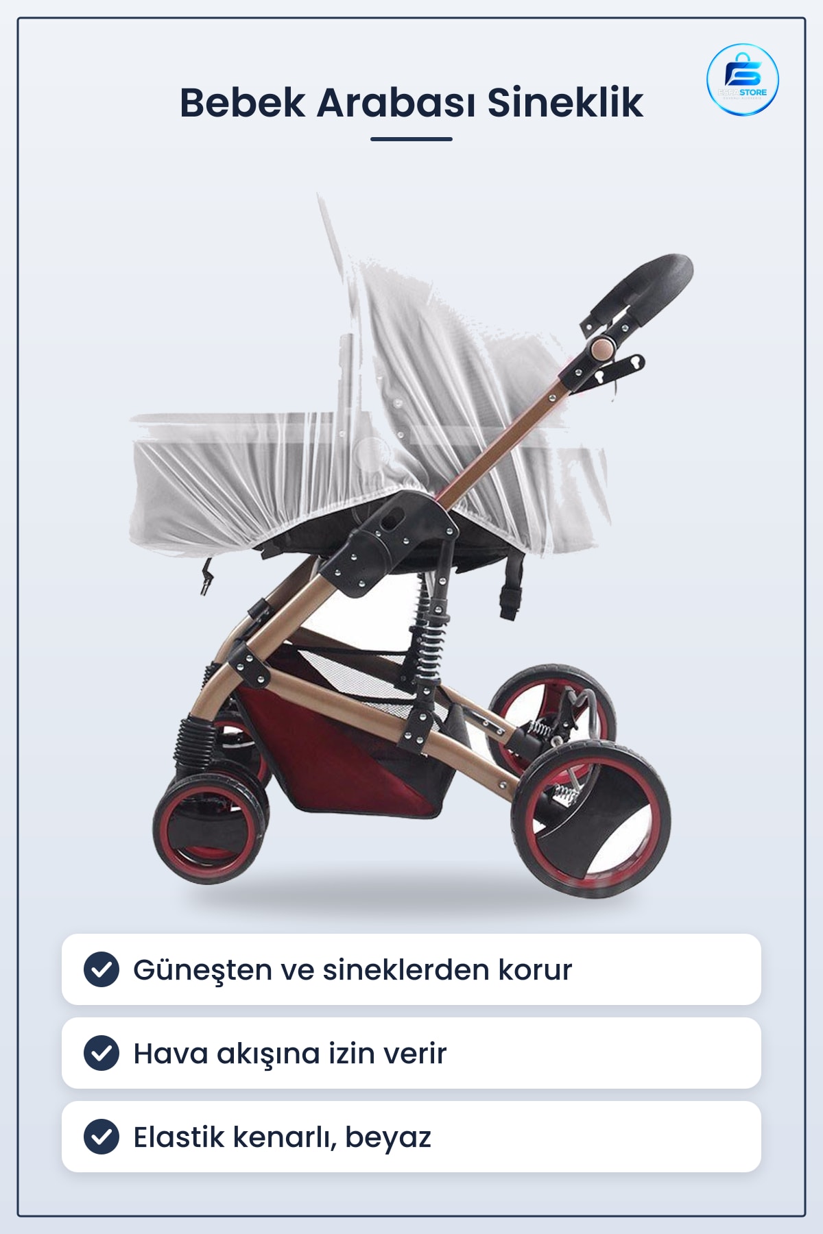 Bebek Arabası Puset Sinek Koruyucu Sineklik Örtü 120x120x1 cm Beyaz Elastik Kenarlı File