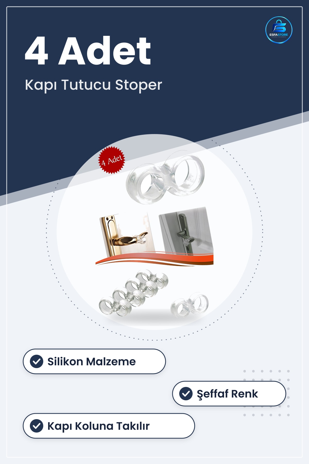 Silikon Kapı Tutucu Stoper Tampon 4 Adet Şeffaf Koluna Takılan Duvar Çarpma Önleyici Aparat
