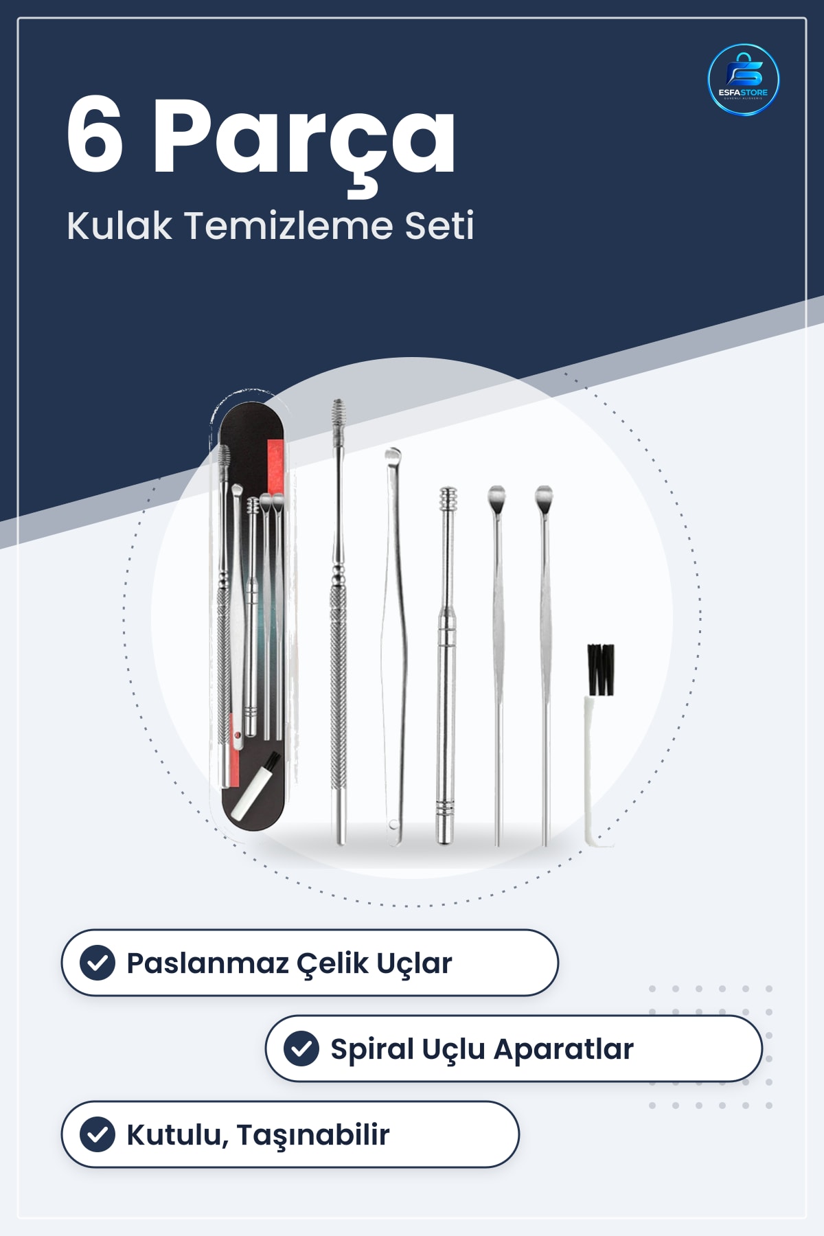 Paslanmaz Çelik Kulak Temizleme Seti Spiral Uçlu Balmumu Çıkarıcı Aparat Taşınabilir Kutulu Pratik