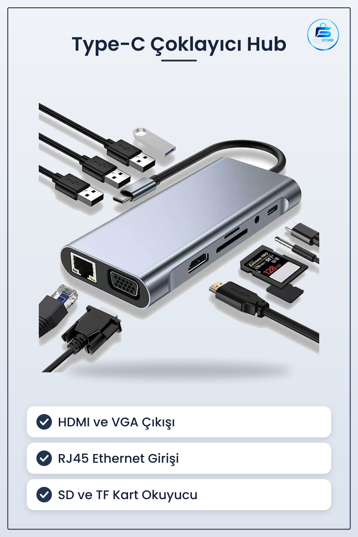 Type C Çoklayıcı Hub HDMI VGA USB Kart Okuyucu RJ45 Ethernet Dönüştürücü Adaptör Kompakt