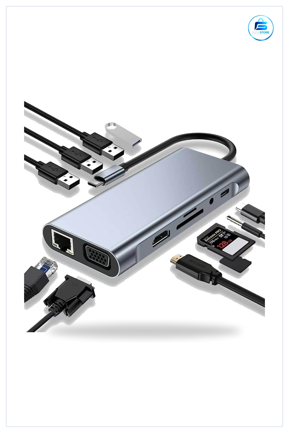 Type C Çoklayıcı Hub HDMI VGA USB Kart Okuyucu RJ45 Ethernet Dönüştürücü Adaptör Kompakt