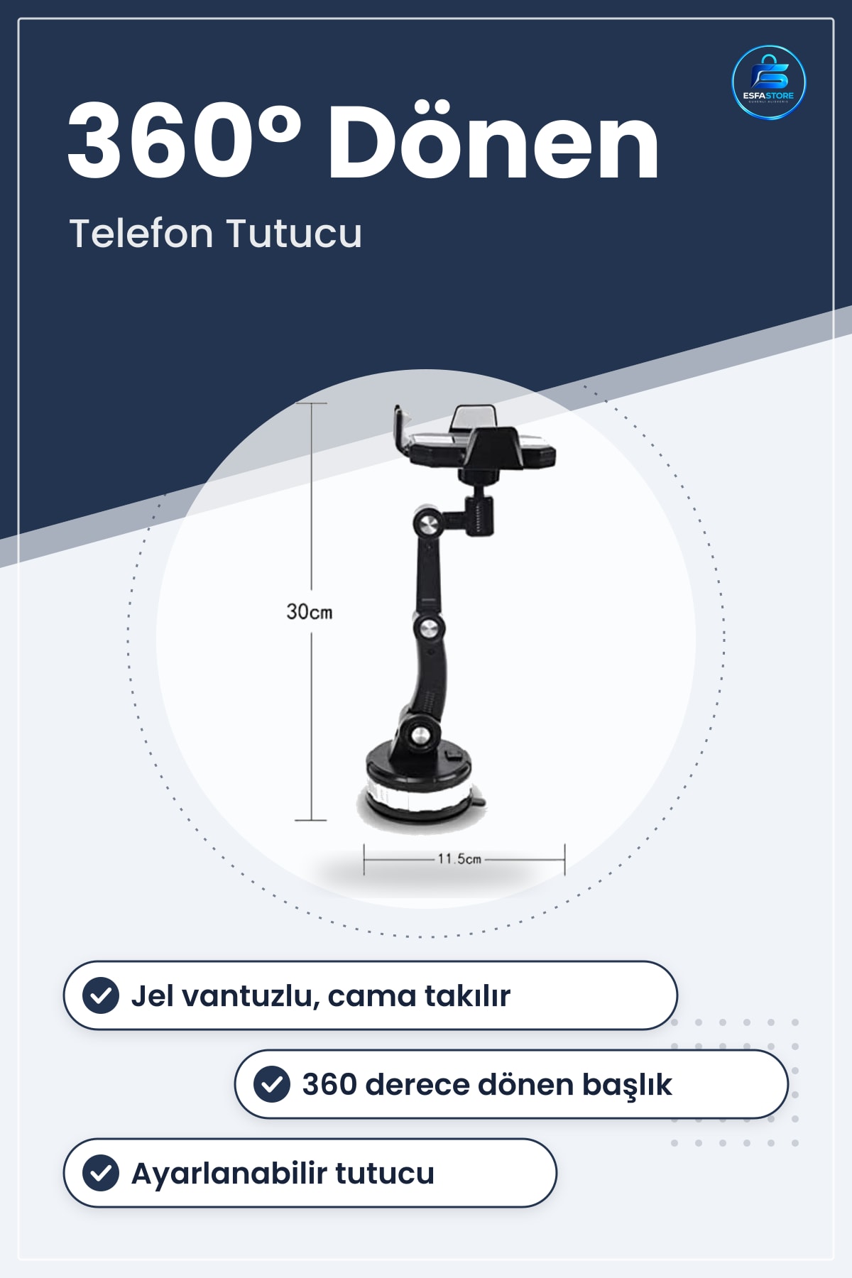 Araç İçi Telefon Tutucu Jel Vantuzlu Cama Takılabilen Güçlü Döner Başlıklı Ayarlanabilir Pratik