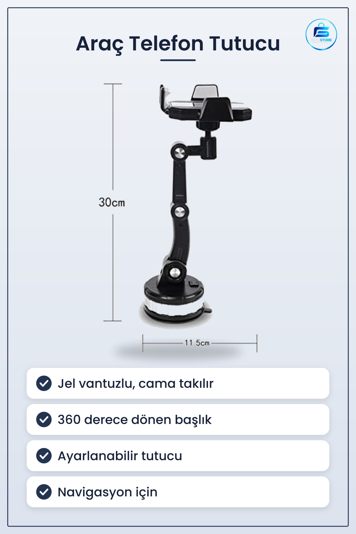 Araç İçi Telefon Tutucu Jel Vantuzlu Cama Takılabilen Güçlü Döner Başlıklı Ayarlanabilir Pratik