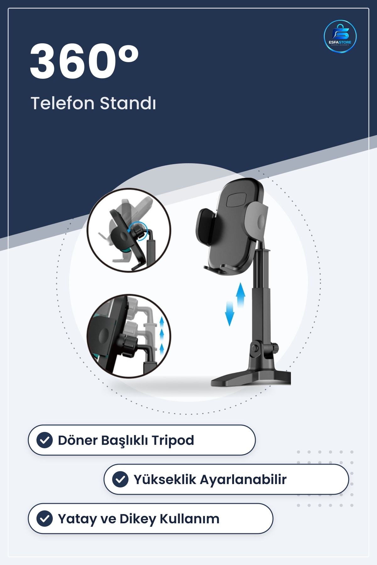 Masaüstü Telefon Standı Döner Başlıklı Ayaklı Cihaz Tripodu Yükseklik Ayarlanabilir Pratik Kullanım
