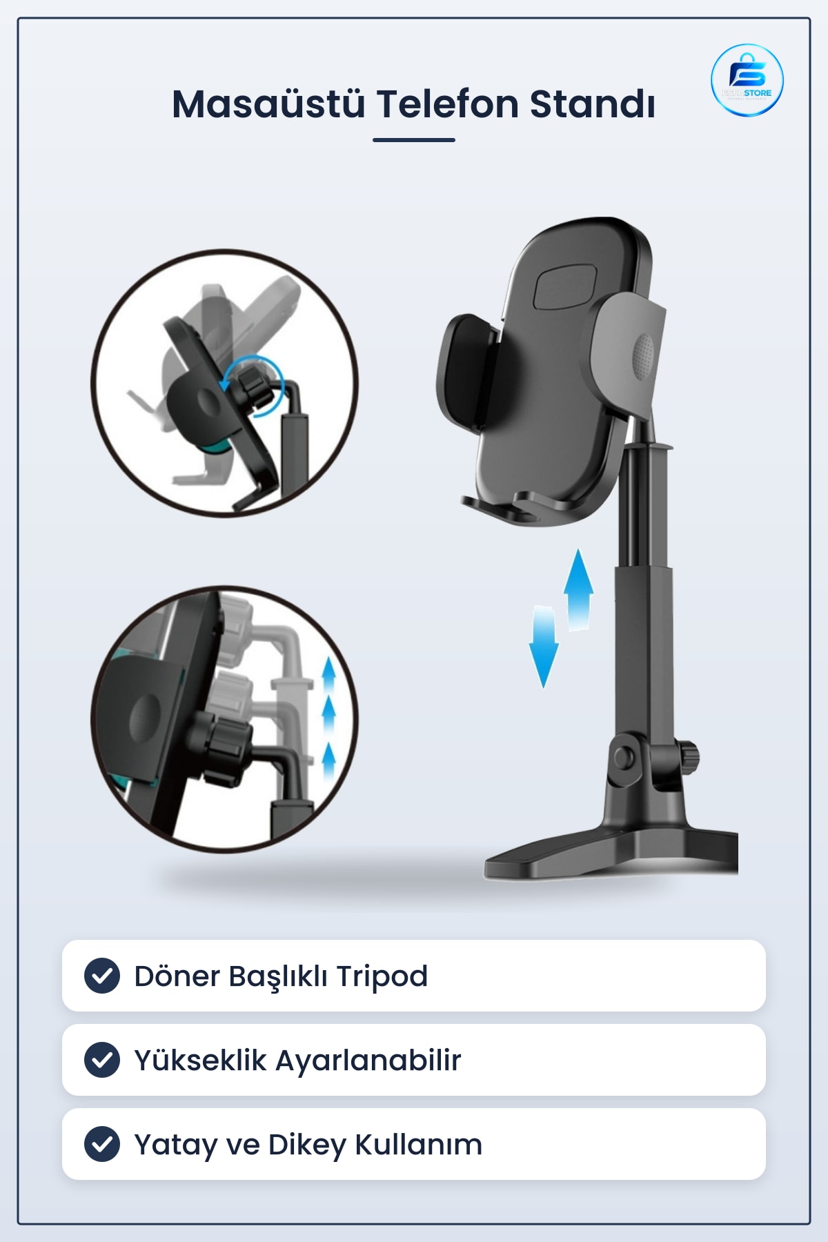 Masaüstü Telefon Standı Döner Başlıklı Ayaklı Cihaz Tripodu Yükseklik Ayarlanabilir Pratik Kullanım