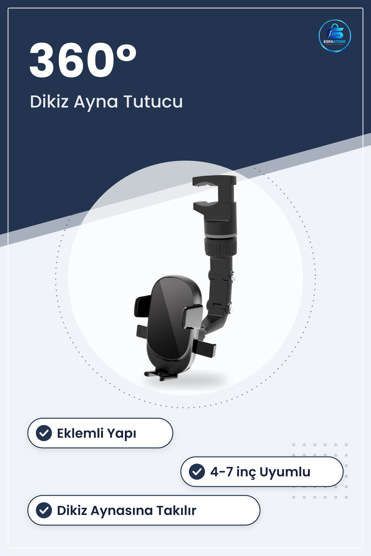 Dikiz Aynasına Takılabilen Eklemli Telefon Tutucu Döner Başlıklı Ayarlanabilir Araç İçi Pratik