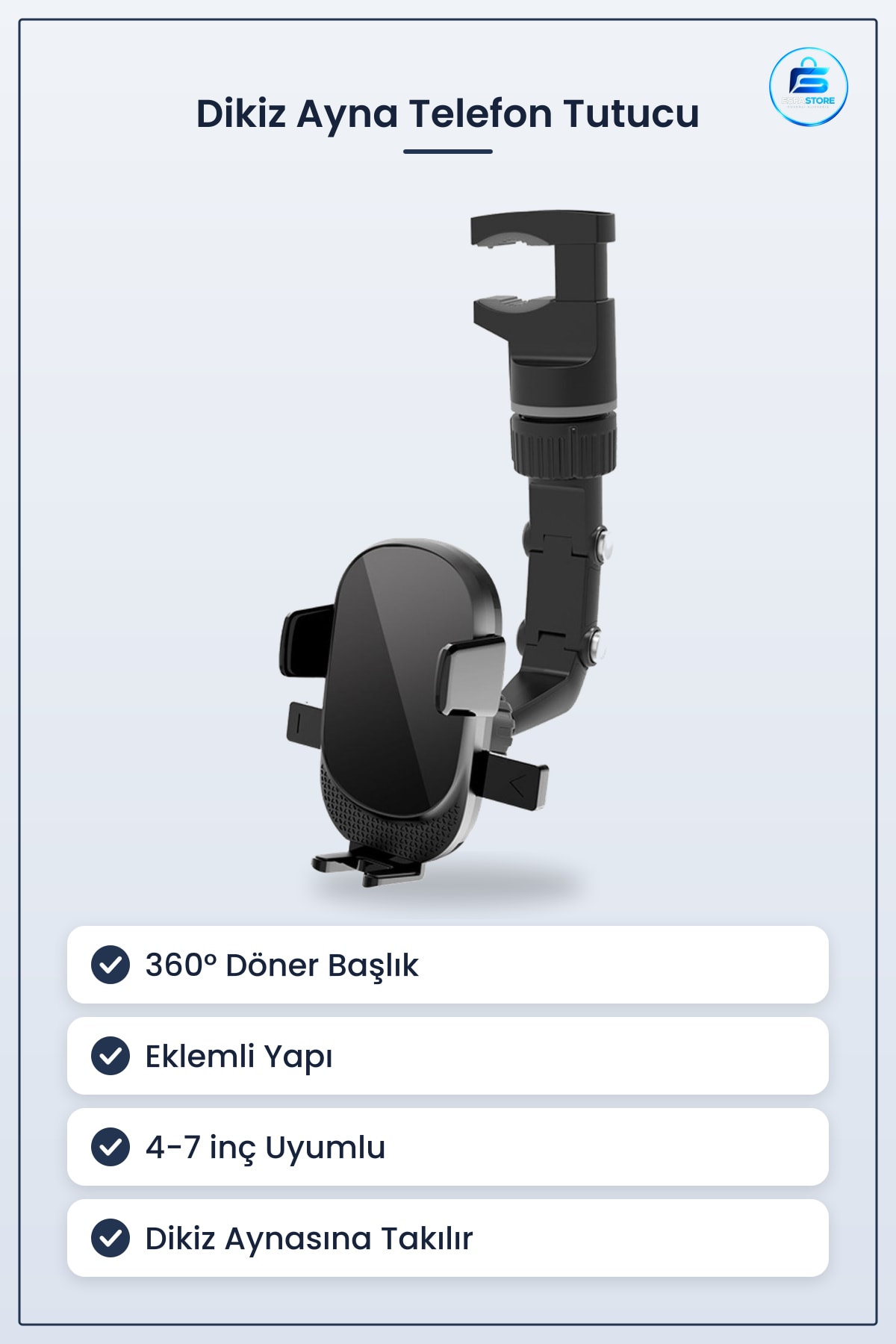 Dikiz Aynasına Takılabilen Eklemli Telefon Tutucu Döner Başlıklı Ayarlanabilir Araç İçi Pratik
