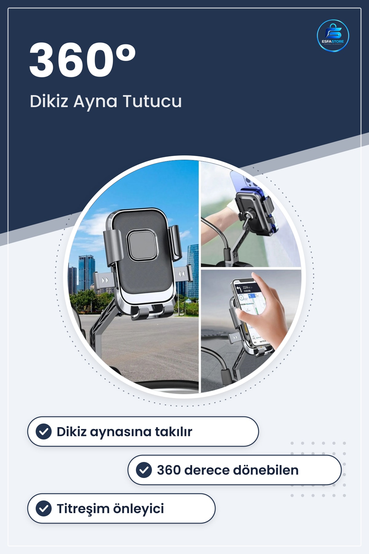 Motosiklet Bisiklet Scooter Dikiz Aynası Telefon Tutucu Aparatı Dönebilen Titreşim Önleyici Pratik