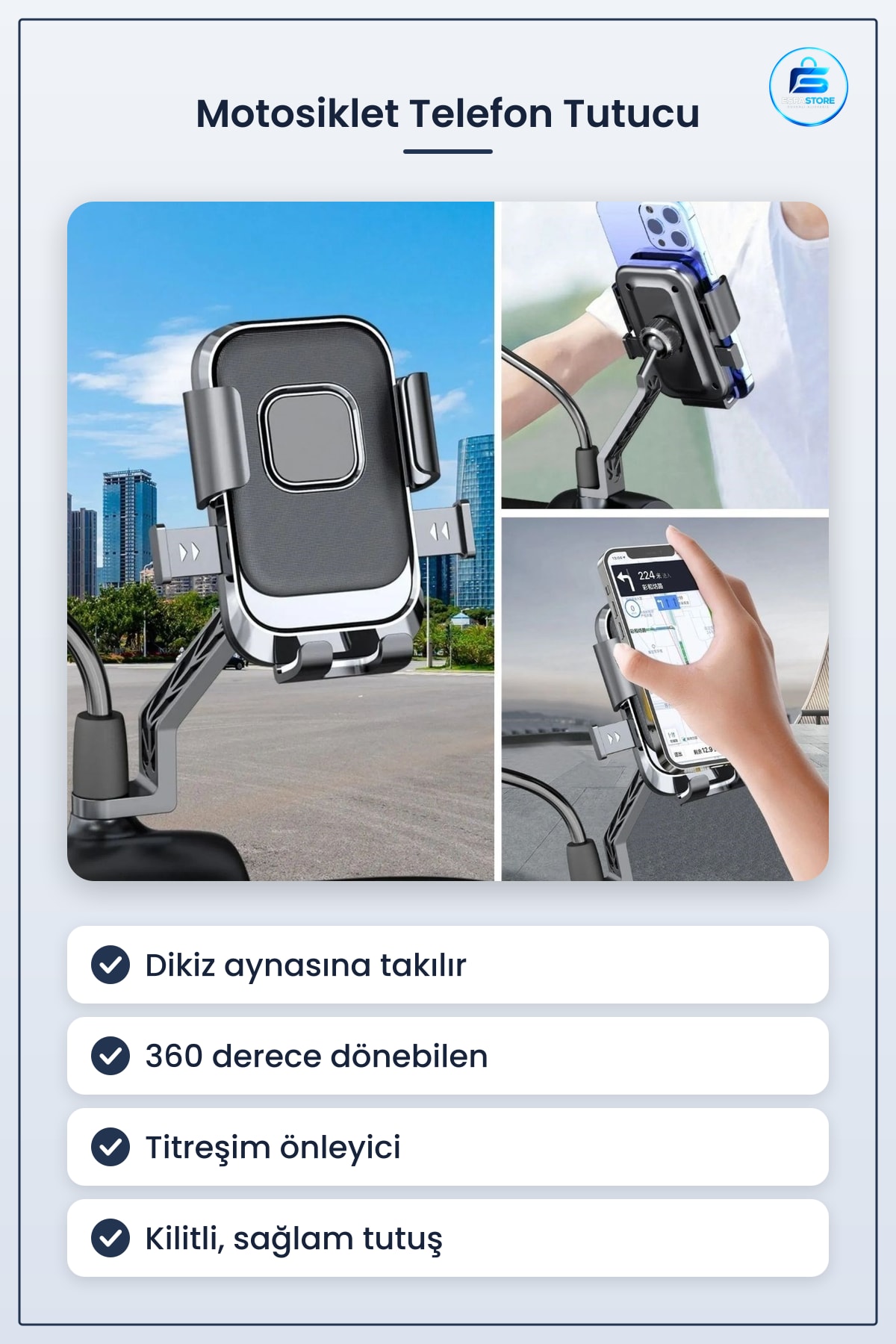 Motosiklet Bisiklet Scooter Dikiz Aynası Telefon Tutucu Aparatı Dönebilen Titreşim Önleyici Pratik