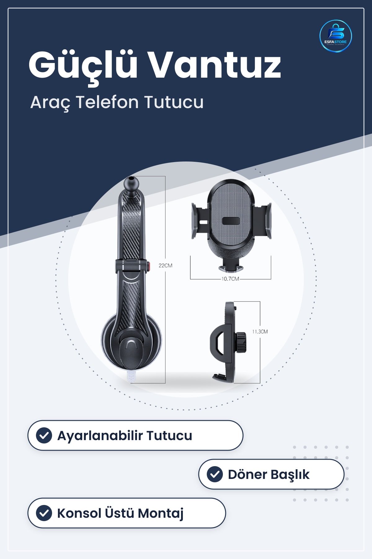 Araç İçi Güçlü Vantuzlu Konsol Üstü Ayarlanabilir Döner Telefon Tutucu Aparat Dayanıklı Pratik