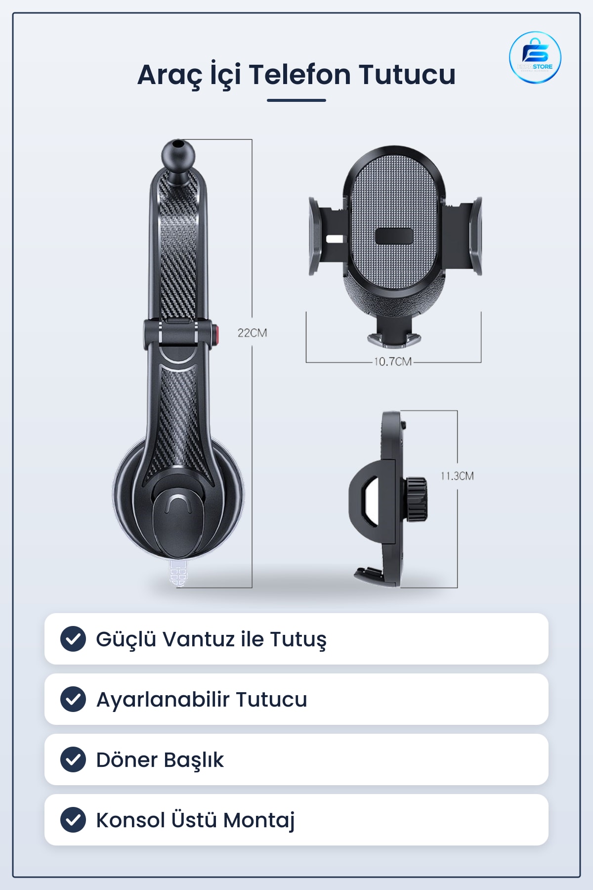 Araç İçi Güçlü Vantuzlu Konsol Üstü Ayarlanabilir Döner Telefon Tutucu Aparat Dayanıklı Pratik