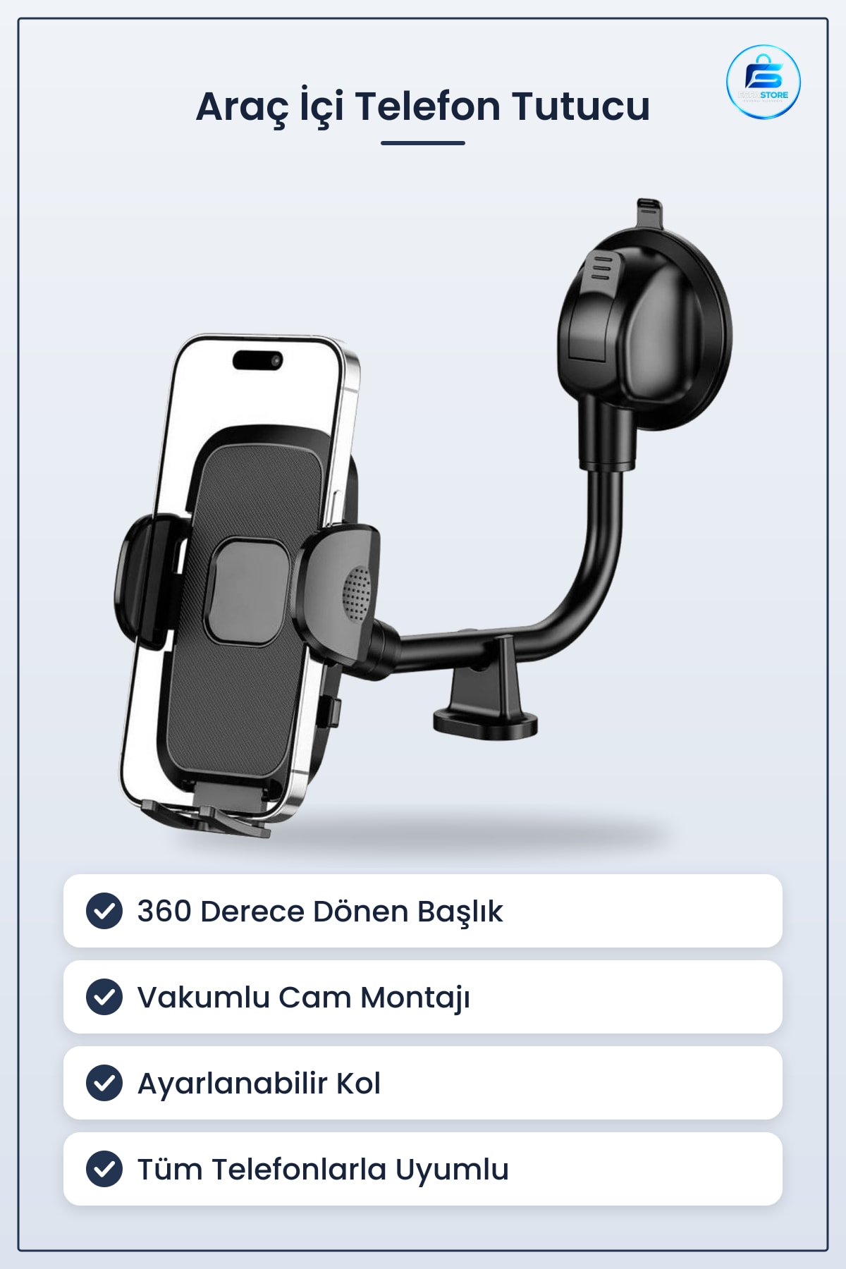 Telefon Tutucu Araç İçi Vakum Kilitli Ayarlanabilir Cam ve Torpido Derece Döner Başlıklı