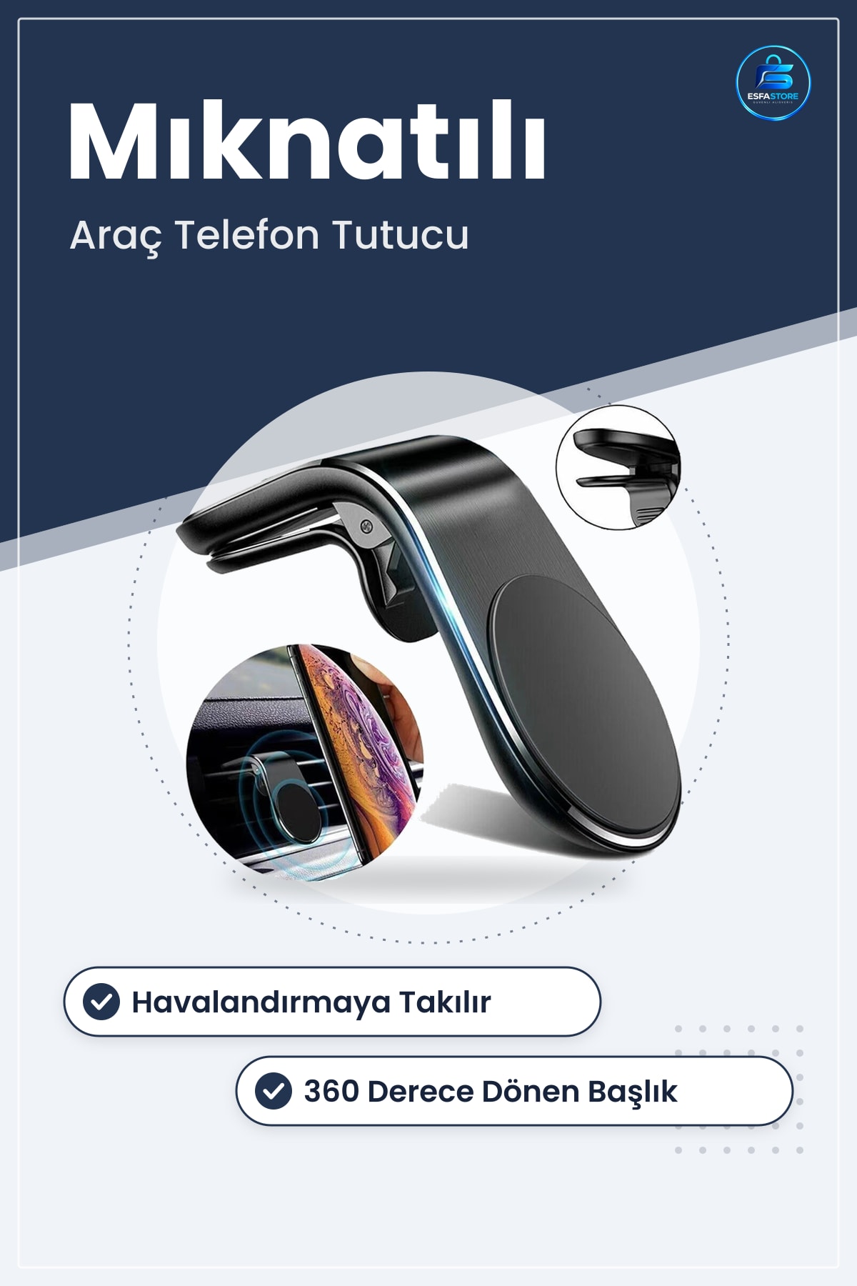 Oto Araç İçi Havalandırma Izgarasına Takılabilir Mıknatıslı Telefon Tutucu Döner Başlık Pratik