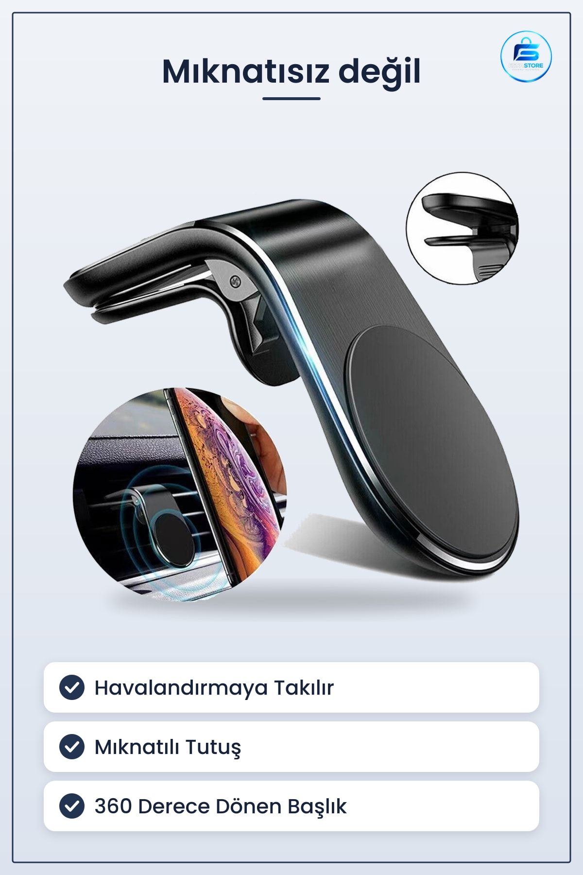Oto Araç İçi Havalandırma Izgarasına Takılabilir Mıknatıslı Telefon Tutucu Döner Başlık Pratik