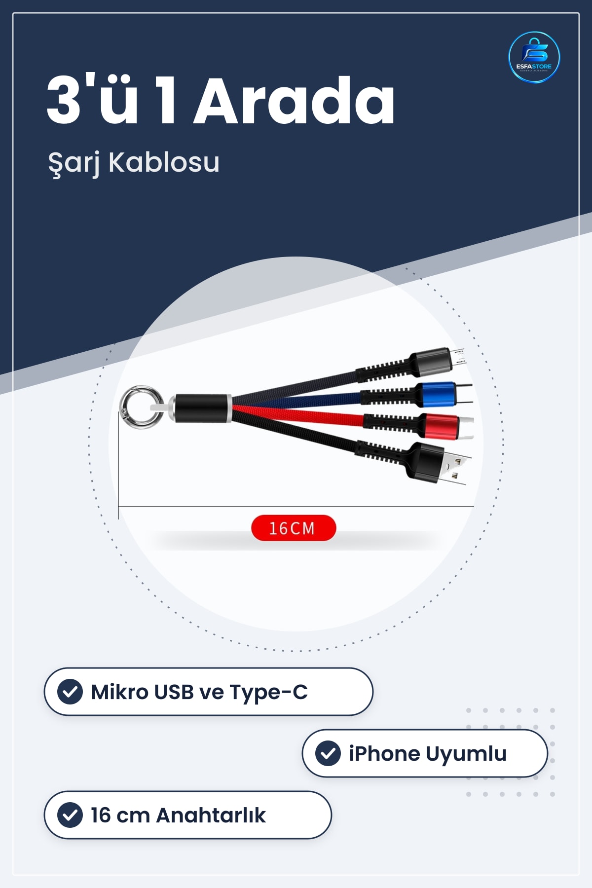 Işıklı Anahtarlık Model Üçlü Şarj Kablosu Mikro USB Type C ve iPhone Uyumlu Taşınabilir Pratik
