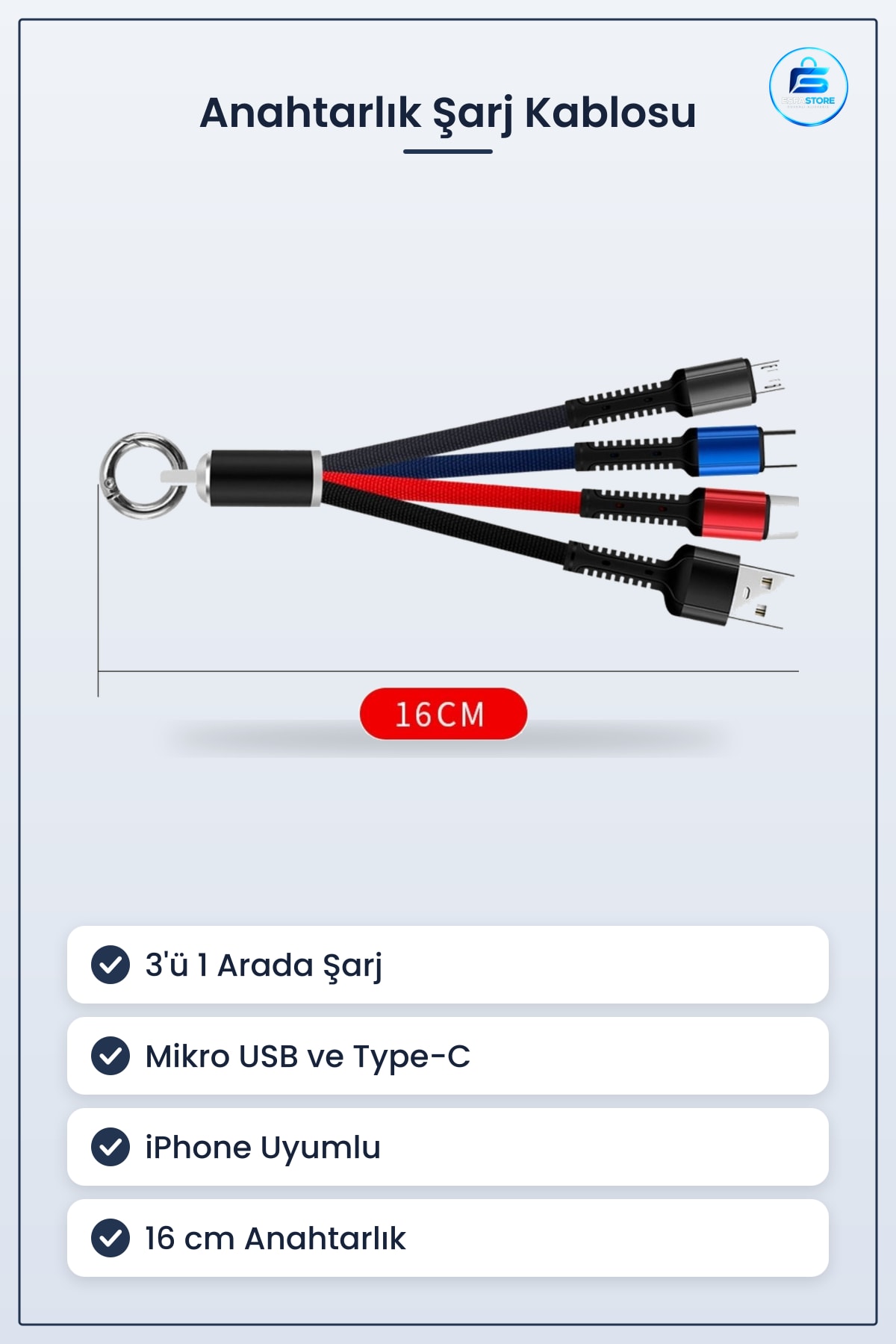 Işıklı Anahtarlık Model Üçlü Şarj Kablosu Mikro USB Type C ve iPhone Uyumlu Taşınabilir Pratik