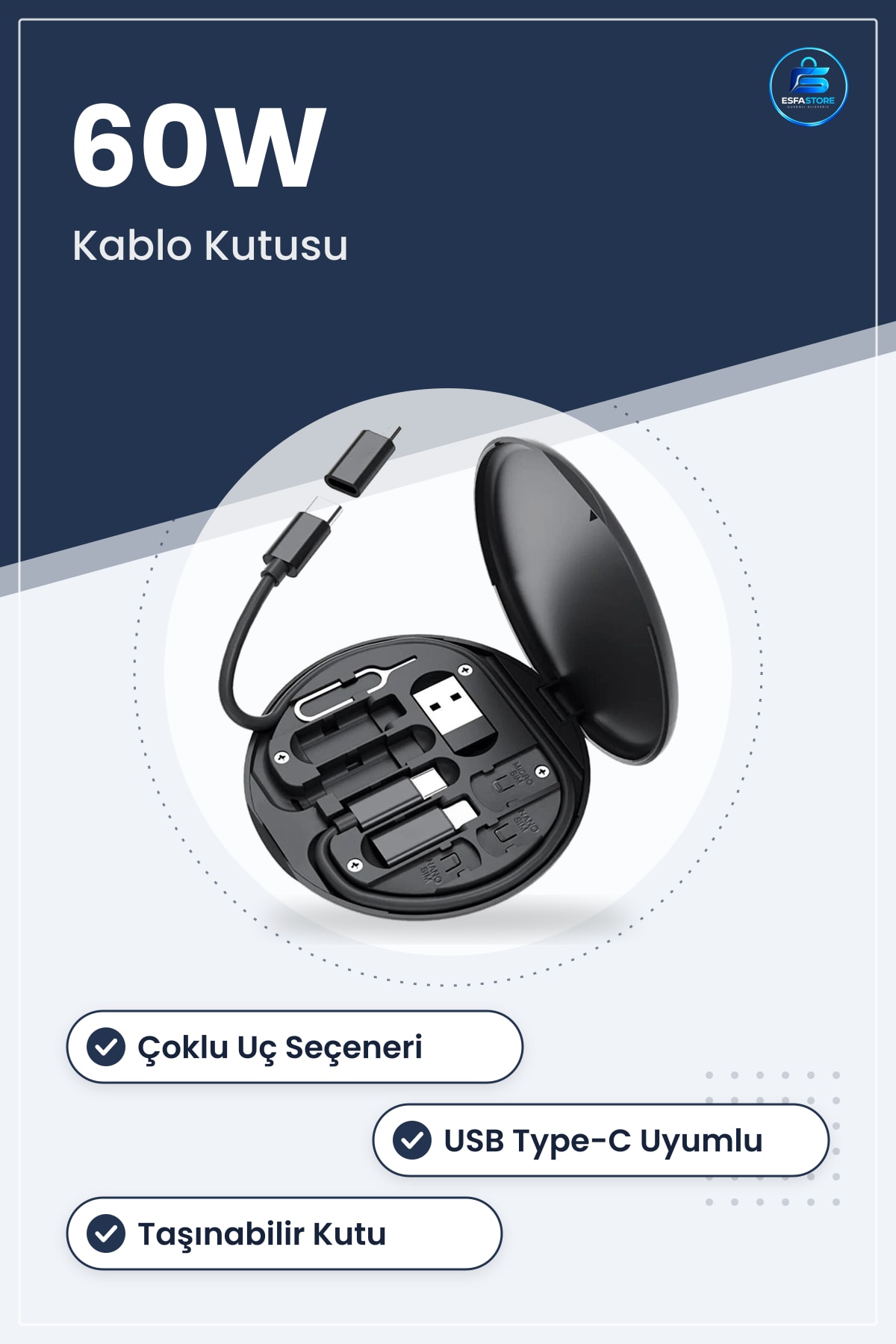 Seyahat Kablo Seti Taşınabilir Kutulu USB Type-C Şarj Aparatı Çok Amaçlı Hızlı Veri Düzenleyici