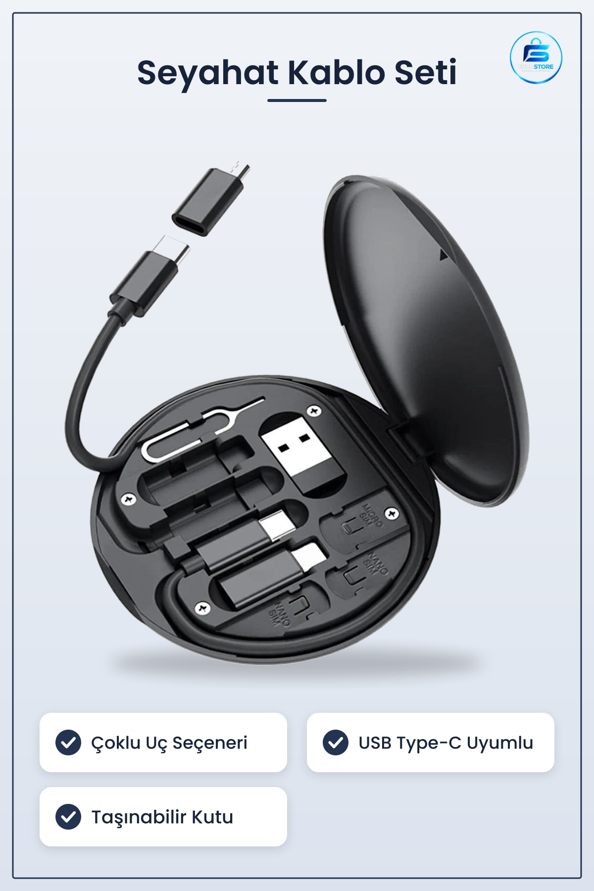 Seyahat Kablo Seti Taşınabilir Kutulu USB Type-C Şarj Aparatı Çok Amaçlı Hızlı Veri Düzenleyici