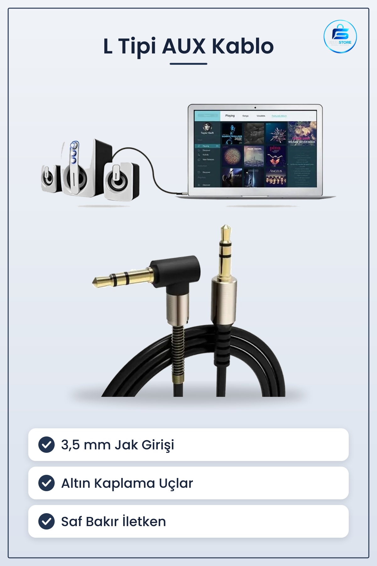 AUX Ses Aktarım Kablosu Jak Erkek L Tipi Telefon Araç İçi Hoparlör Bağlantı Dayanıklı Pratik
