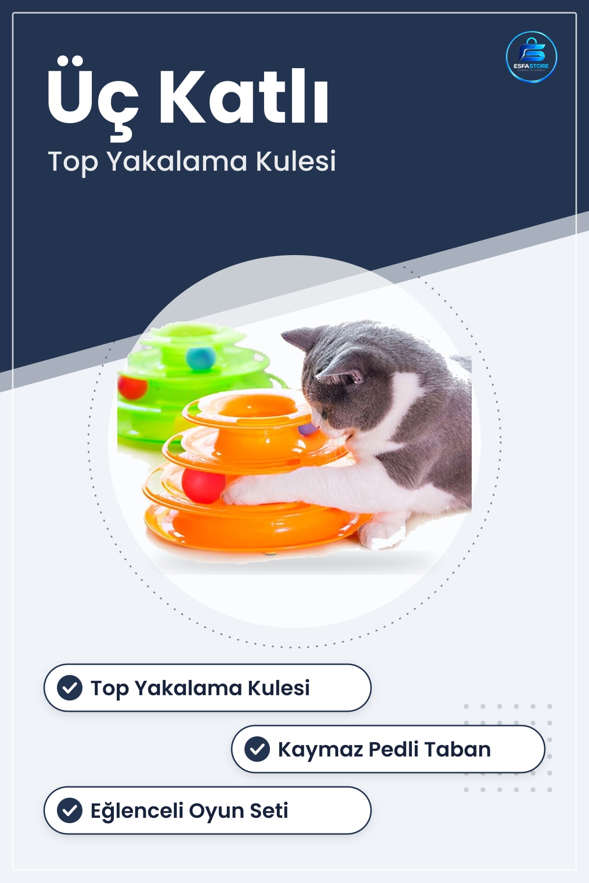 Üç Katlı Kedi Oyuncağı Top Yakalama Kulesi Eğlenceli Oyun Seti 24 cm Kaymaz Pedli Tabanlı