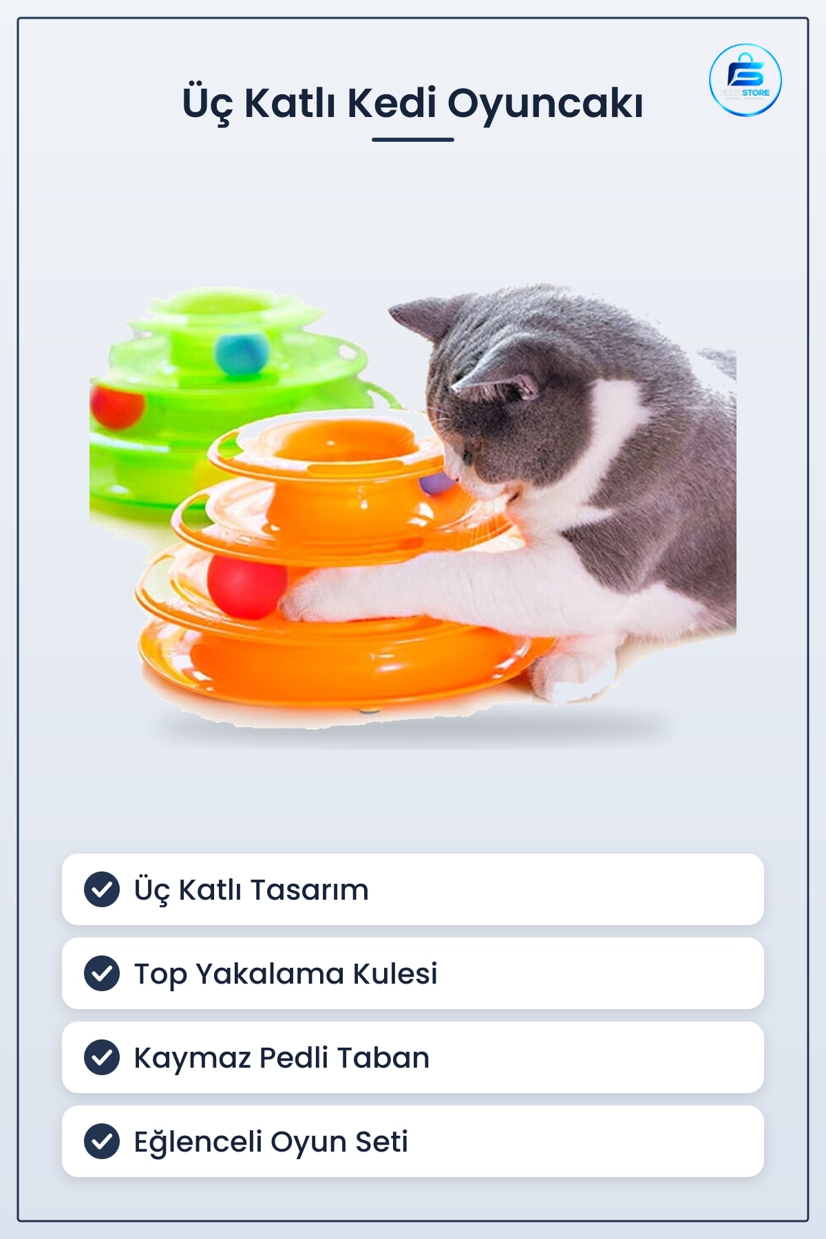 Üç Katlı Kedi Oyuncağı Top Yakalama Kulesi Eğlenceli Oyun Seti 24 cm Kaymaz Pedli Tabanlı