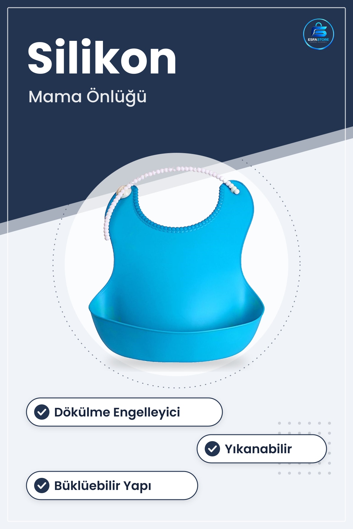 Çocuk Bebek Mama Önlüğü Silikon Dökülme Engelleyici Bükülebilir Mavi Yıkanabilir Önlük 26x17 cm