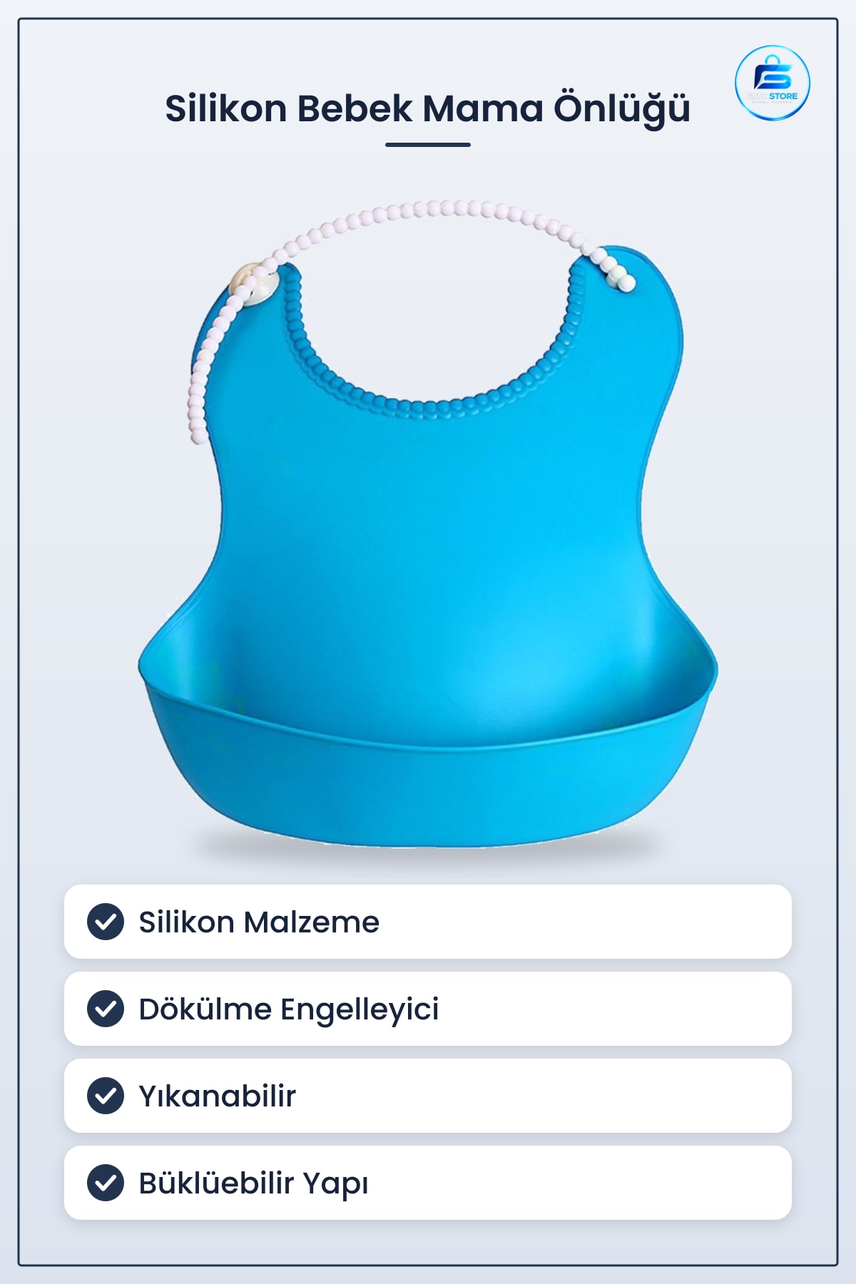 Çocuk Bebek Mama Önlüğü Silikon Dökülme Engelleyici Bükülebilir Mavi Yıkanabilir Önlük 26x17 cm