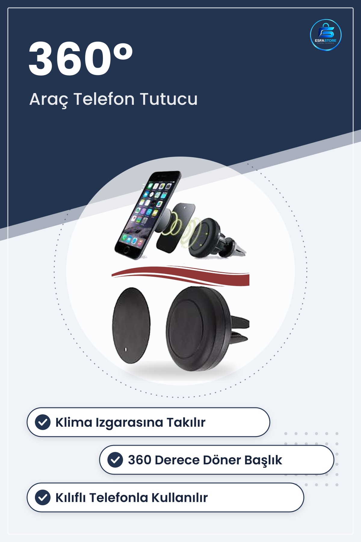Manyetik Araç İçi Telefon Tutucu Aparatı Klima Izgaralı Mıknatıslı Derece Döner Universal