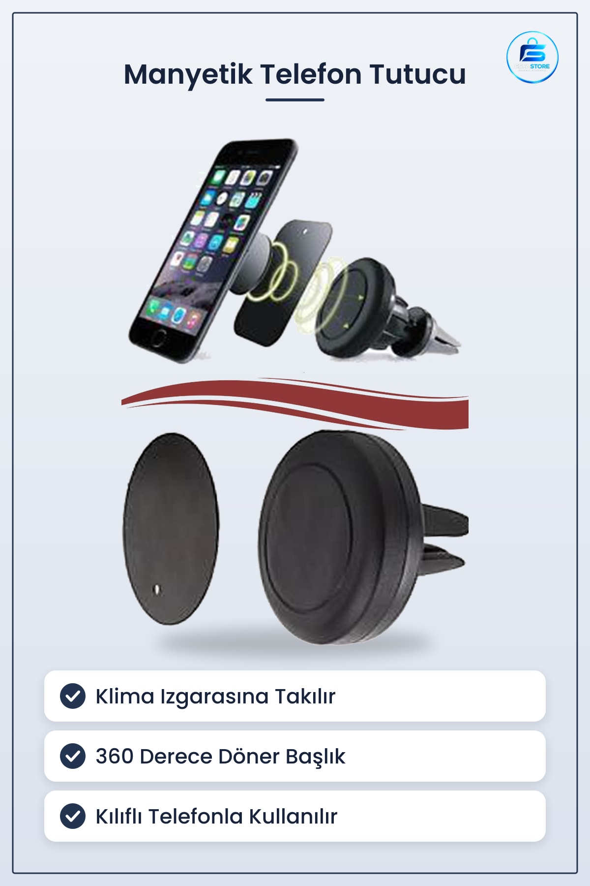 Manyetik Araç İçi Telefon Tutucu Aparatı Klima Izgaralı Mıknatıslı Derece Döner Universal