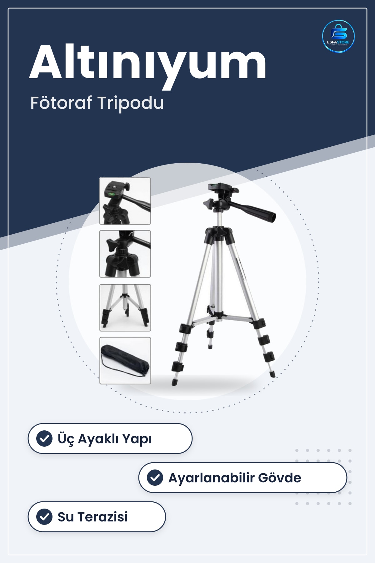 Fotoğraf Makinesi Tripodu Alüminyum Üç Ayaklı Ayarlanabilir Kamera Standı Taşıma Çantalı Pratik