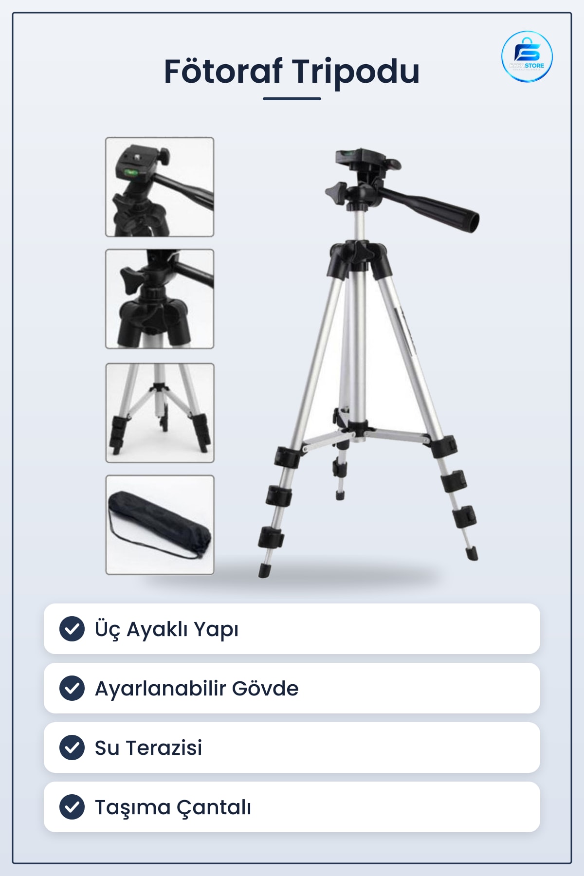 Fotoğraf Makinesi Tripodu Alüminyum Üç Ayaklı Ayarlanabilir Kamera Standı Taşıma Çantalı Pratik